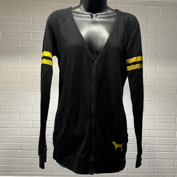 PINK Victoria's Secret Collegiate Iowa Hawkeyes Cardigan Sweater Black Yellow M - Picture 1 of 4